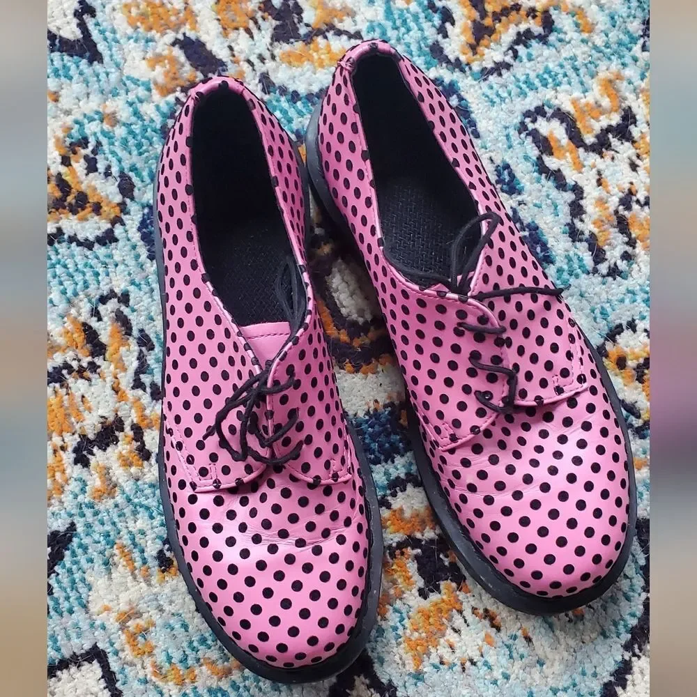 Dr Martens 1461 Pink With Flocked Black Polka Dots Originals Size US L 10 - Picture 1 of 12